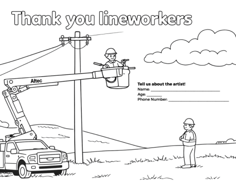 thank your lineworkers on a lift coloring sheet