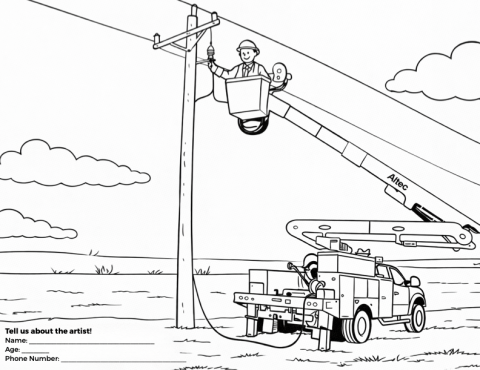 lineman working on electric pole coloring sheet