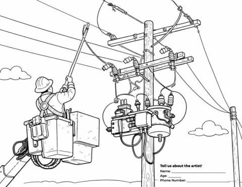 lineman working on big electric pole coloring sheet